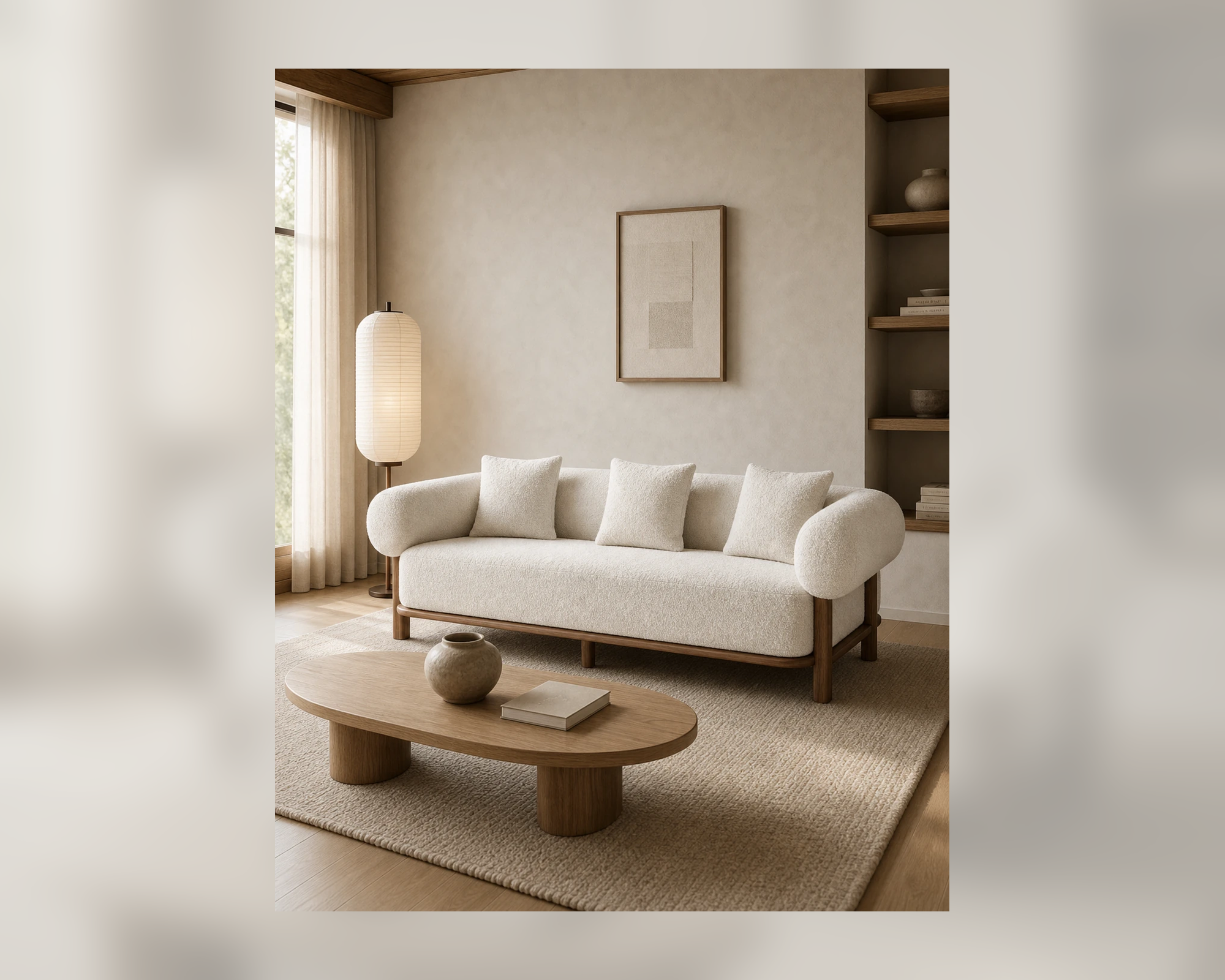 Noma Bouclé Three-Seat Sofa, styled living-room view