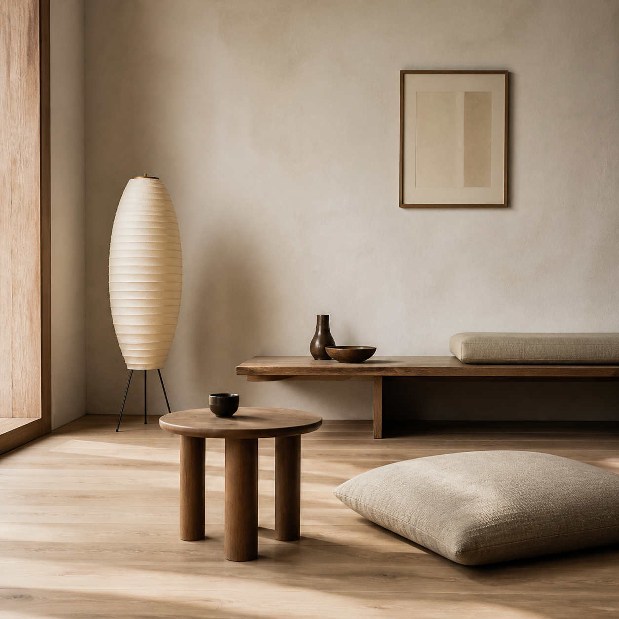 Quiet Japandi room corner arranged with low timber furniture, floor cushion, paper lamp, and generous negative space