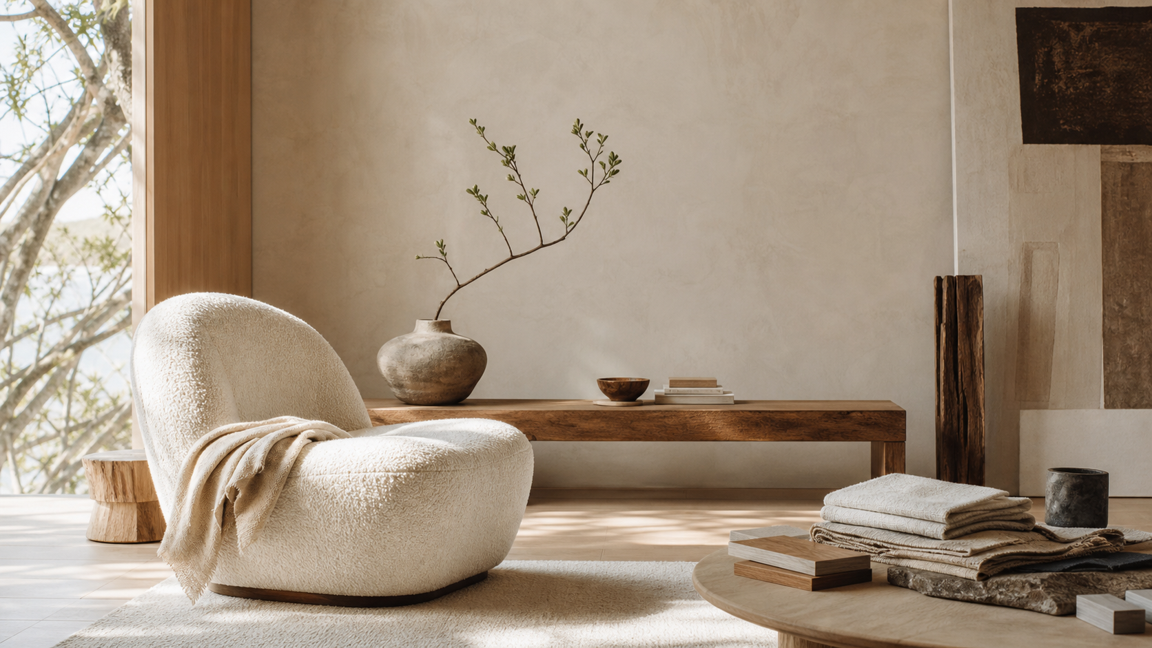 Warm Japandi studio corner with textured chair, timber bench, ceramic vessel, and curated material samples