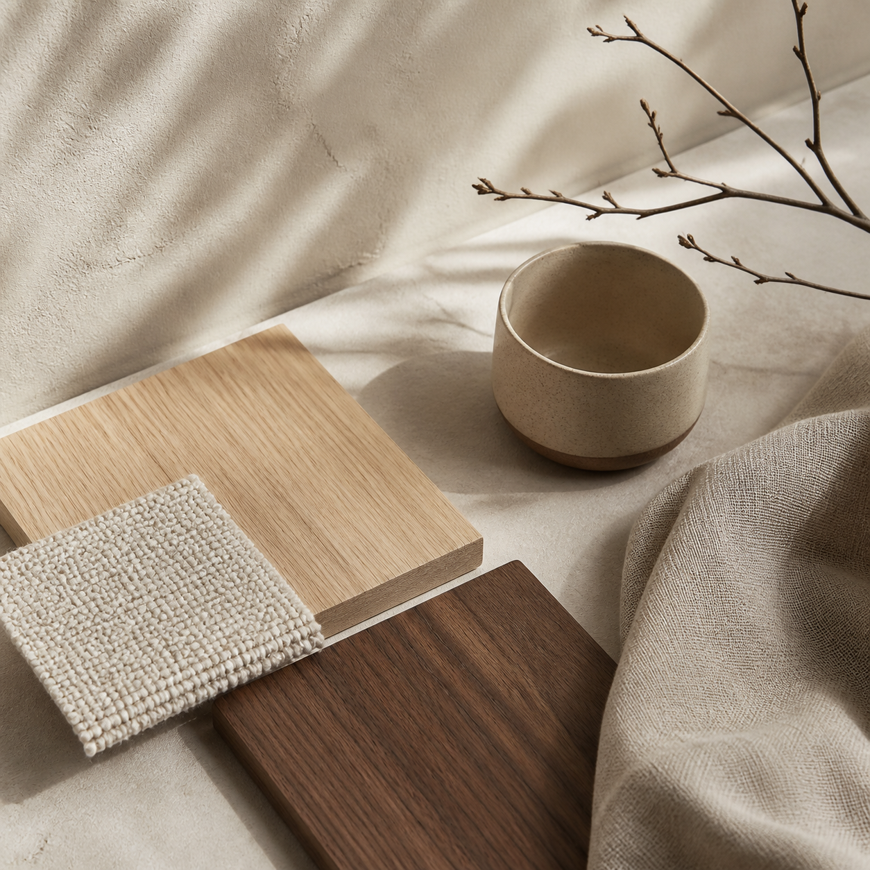 Japandi material palette with oak, walnut, bouclé, linen, ceramic, and warm plaster textures