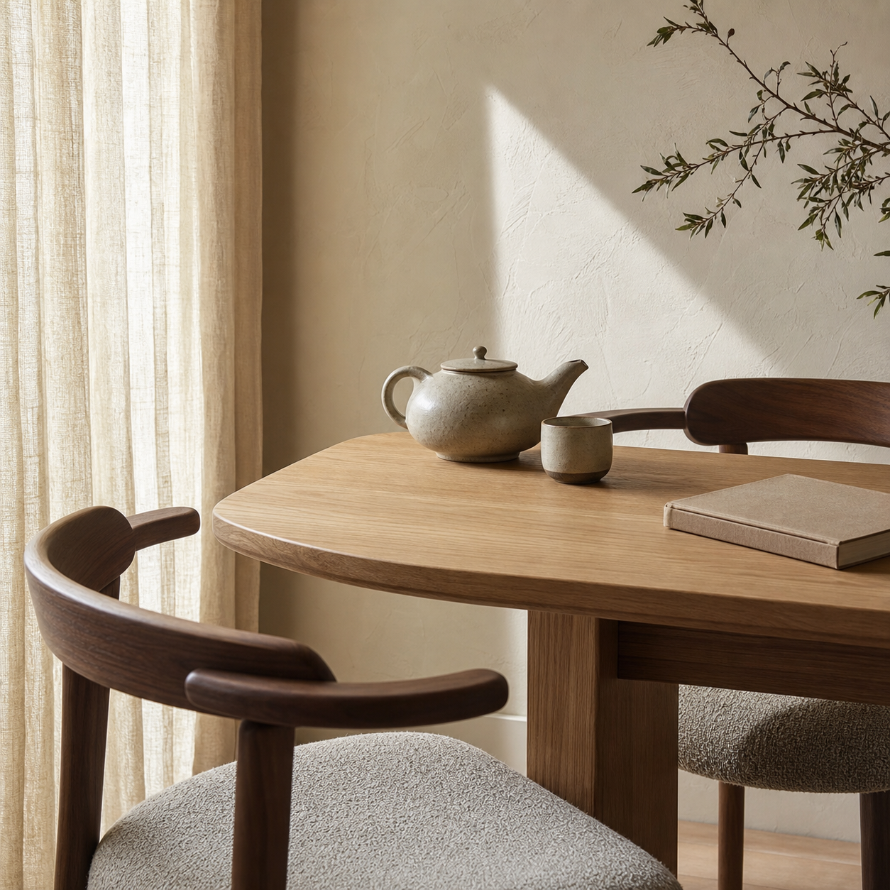 Morning Japandi dining corner with timber table, sculptural chairs, ceramic teapot, book, and linen curtain